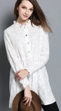 Новая вышитая рубашка с кружевным воротником и длинными рукавами женская одежда больших размеров 23053-3 - Цвет: white flower