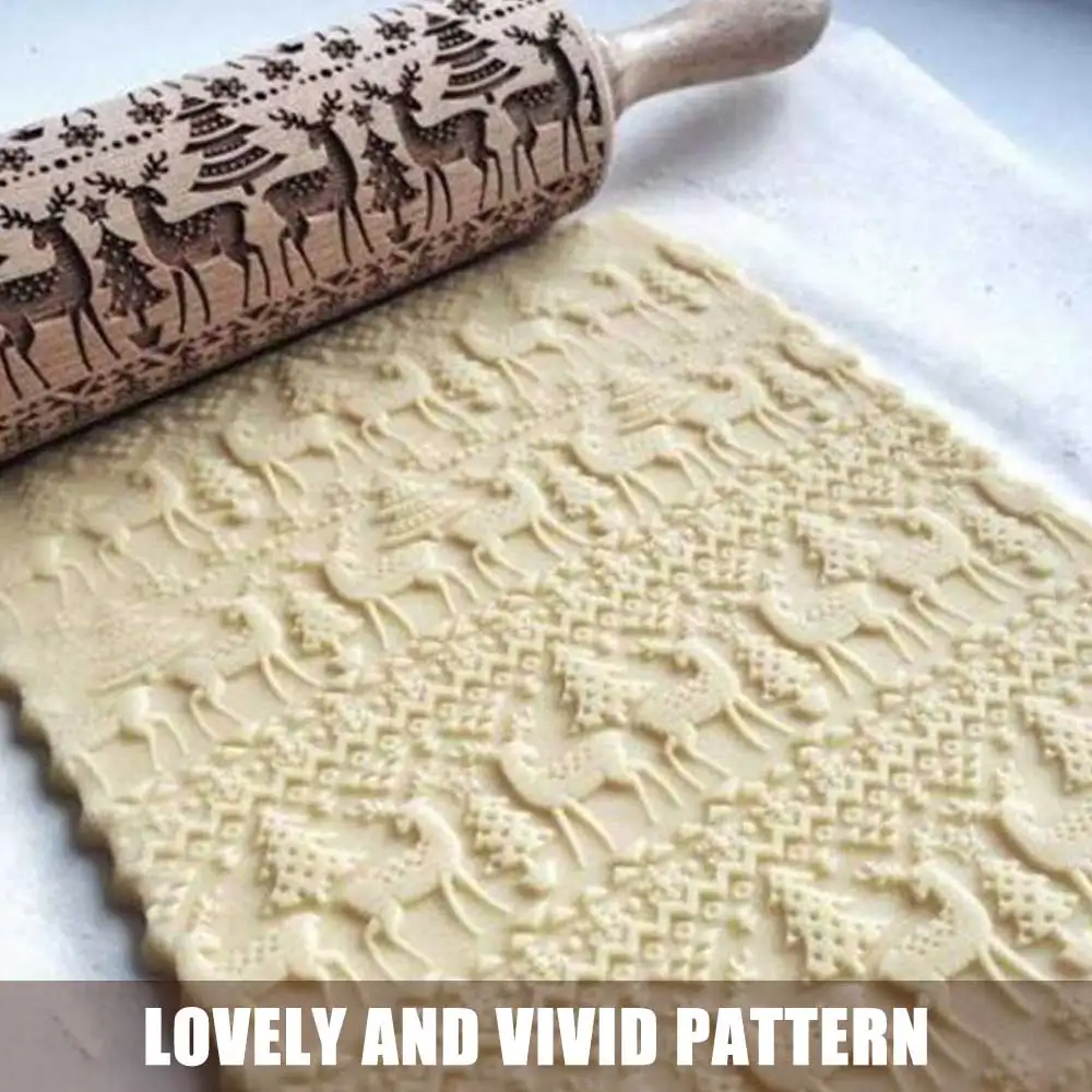 

Christmas Embossing Rolling Pin Baking Cookies Noodle Biscuit Fondant Cake Dough Engraved Roller Reindeer