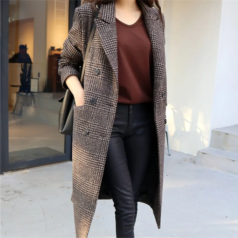 CBAFU осенне-зимнее женское клетчатое пальто модное длинное шерстяное пальто теплая длинная куртка Дизайнерская одежда двубортное пальто с карманами P170