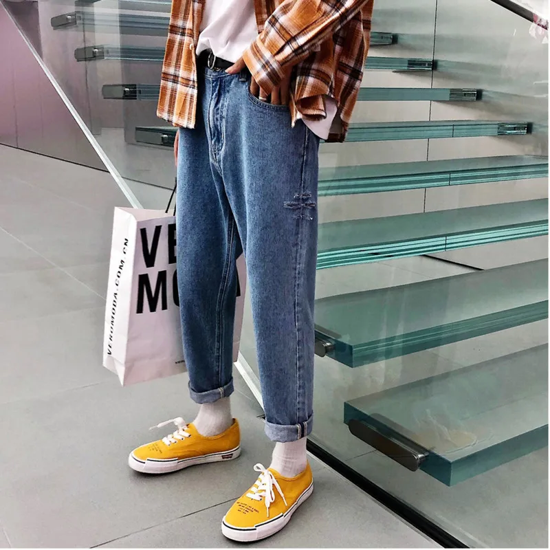 

Fashion Casual Men's Jeans Spring And Autumn New S-2XL Solid Color Loose Straight Pants Black Blue Personality Youth Popular