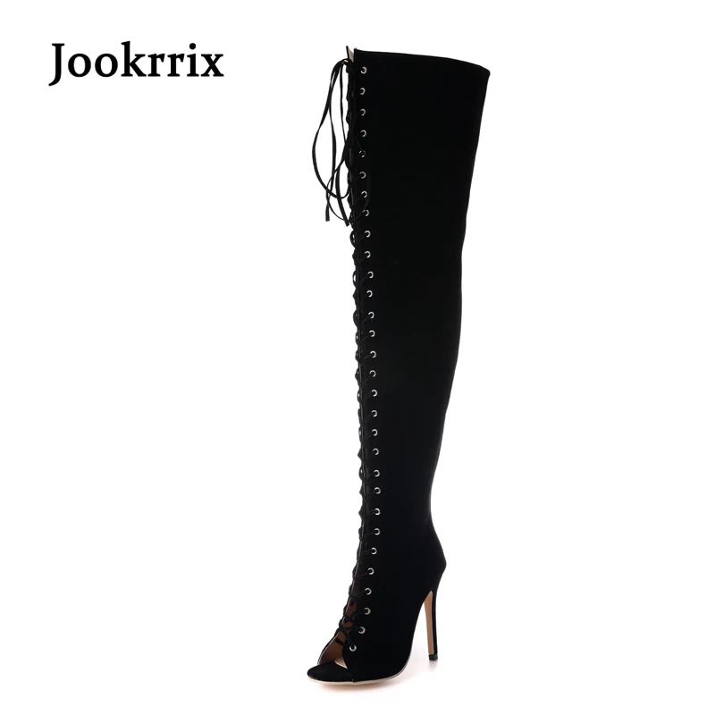 Jookrrix 2018 New Summer Girl Fashion Brand Gladiators Over the Knee Shoes Women Sandal Sexy Lady Fish Mouth Cross Tied Black