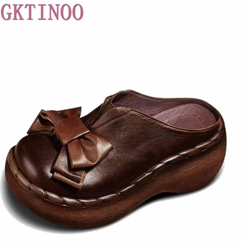 comprar Genuínas Mulheres Sandálias de Couro Handmade Bowtie Cunhas da Plataforma Do Couro de Salto Alto Verão Sapatos Dos Pés Redondos Confortáveis Mulheres Slides