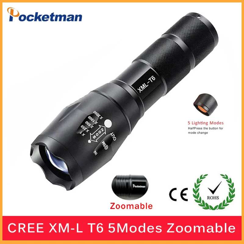 

Big Promotion Ultra Bright XM-L T6 LED Flashlight 5 Modes 4000 Lumens Zoomable LED Torch for AAA or 18650