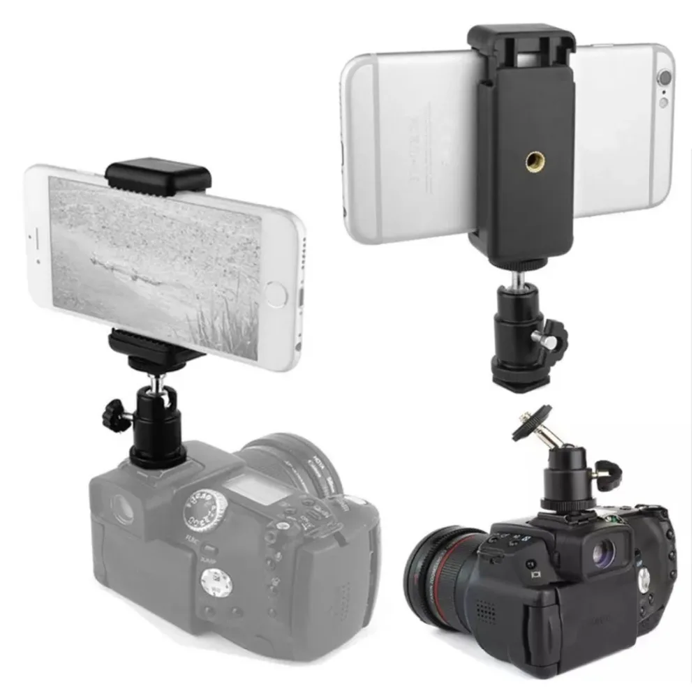 Mini Ball Head 1/4" mount with Lock Hot Shot Adapter with phone holder clip for Camera LED Light Flash Bracket Holder Mount