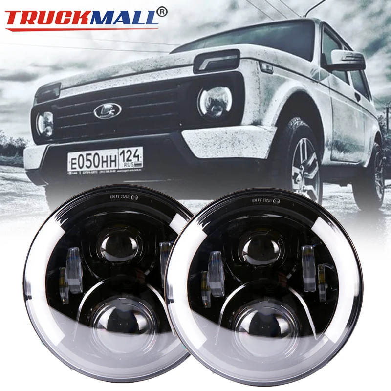 

7Inch LED Halo Ring Headlight with White DRL 7" LED Headlamp with Amber Turn Signal Head Lamp For Jeep VAZ 2121 Lada Niva 4x4