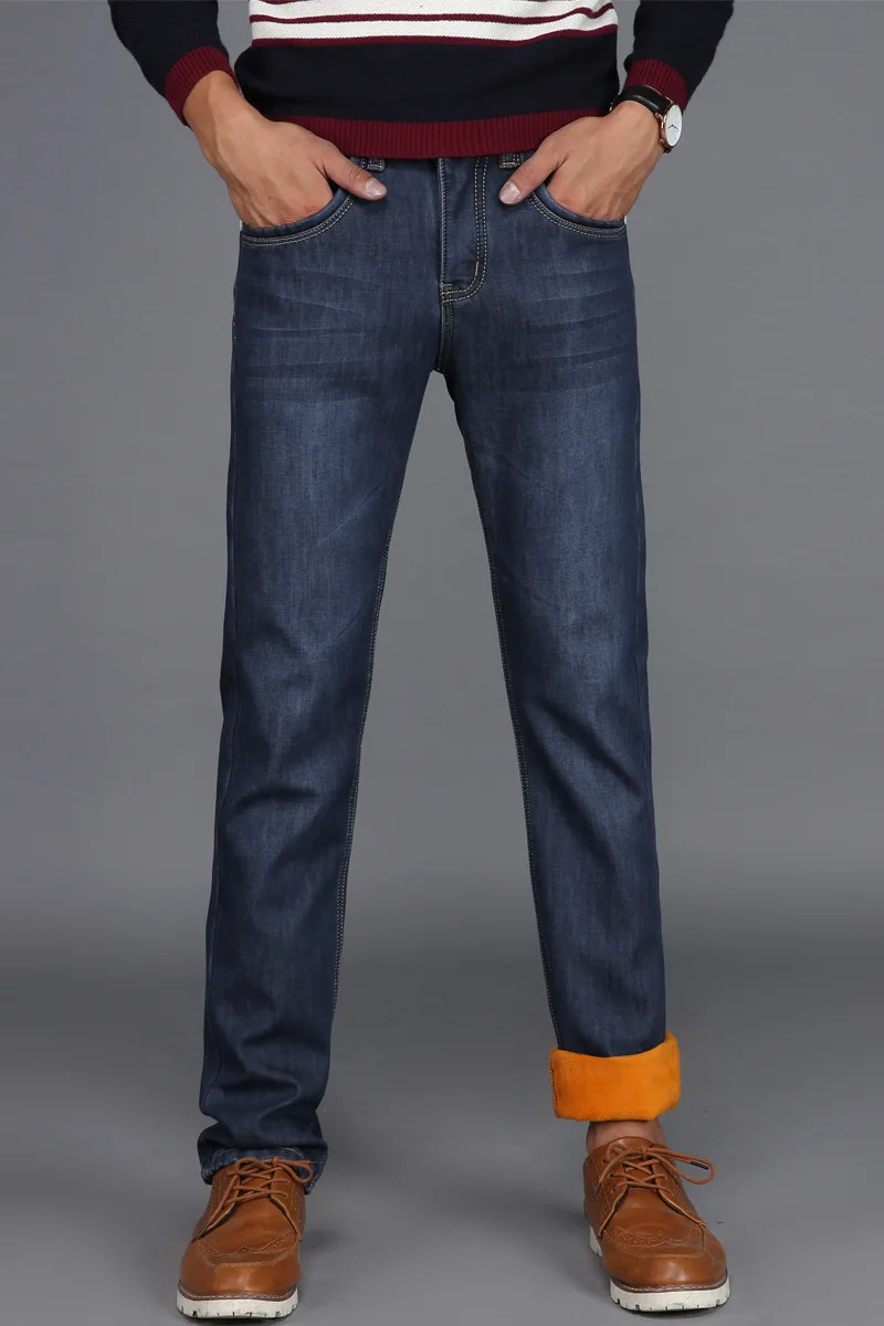 Мужские Зимние Синие флисовые джинсы с подкладкой, Стрейчевые джинсы, теплые джинсы для мужчин, дизайнерские облегающие джинсы bikrer, Молодежные джинсы 28-38