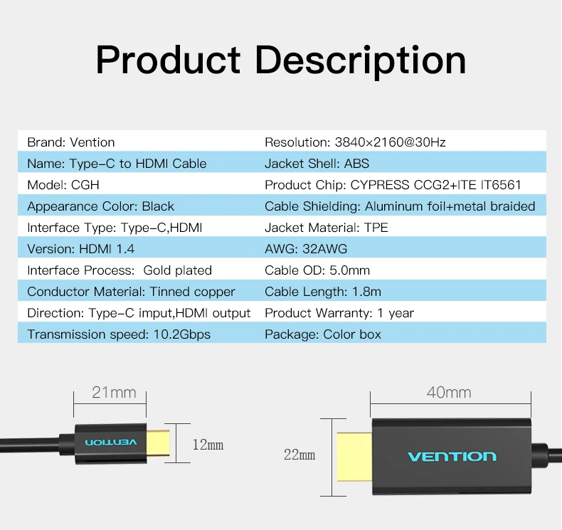 Vention USB Type C в HDMI 1.8 м кабель USB 3.1 Type-C Мужчина HDMI Кабель-адаптер Поддержка 3840*2160 30 Гц для MacBook Google Pixel