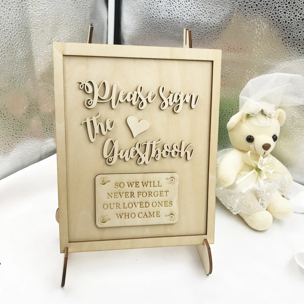 Wooden Wedding Please sign the Guest Book 3D Guest Book Wishing Wood Heart Pendant Drop Ornaments for Wedding Party Decoration1
