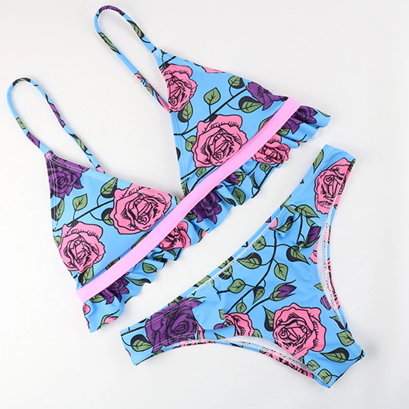 New Hot Floral Print Bikini Sets Women Sexy Retro Leopard Maillot de Bain Ruffles Bandage Padded Monokini Swimsuit Beach Wear