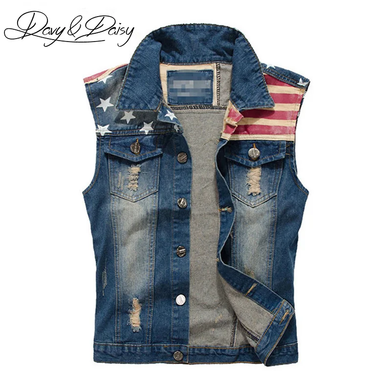 DAVYDAISY Men Denim Vest Washed Ripped Flag Patchwork Cowboy Waistcoat