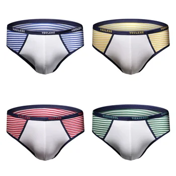 

Men Striped Print Stitching Breathable Cotton Mid Waist Triangle Briefs High Stretch Comfort Bottom Knickers