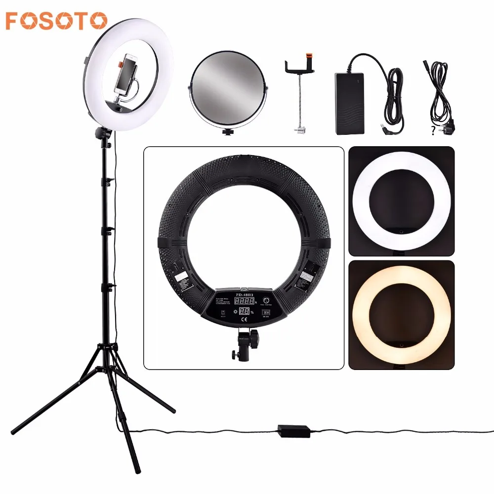 

fosoto FD-480II Dimmable Bi-color 18"96W Camera Photo Video Photography LED Ring Light Lamp with LCD Screen/Tripod Stand/Mirror