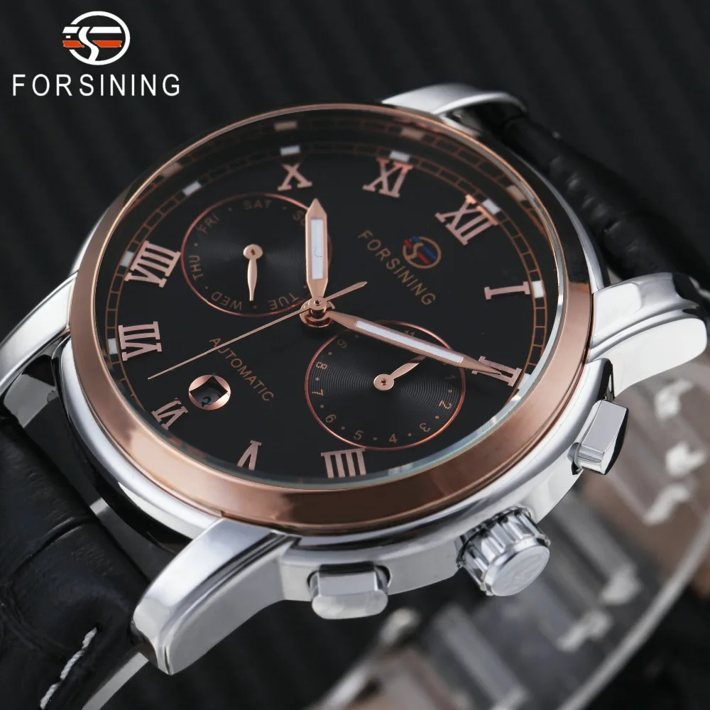 

FORSINING Rose Golden Auto Mechanical Watch Men Leather Strap Sub-dials Calendar Top Brand Luxury Dress Wrist Watches relogio