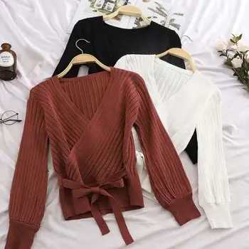 

2020 Sexy Cross V Neck long Sleeve Knitted Crop Tops Women Fashion Short Knitted T-shirts Women Bodycome Knitted Crops Tops
