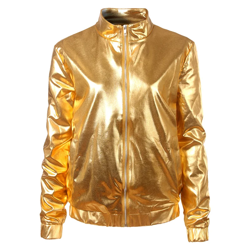 New  Silver Metallic Coated Bomber Jacket Women Shiny Night Club Baseball Varsity Jacket Womens Zipper F