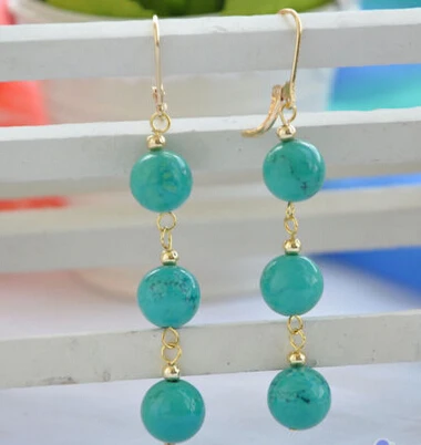

free shippinbg 13378 3row 10mm green round turquoise bead dangle earring 14k