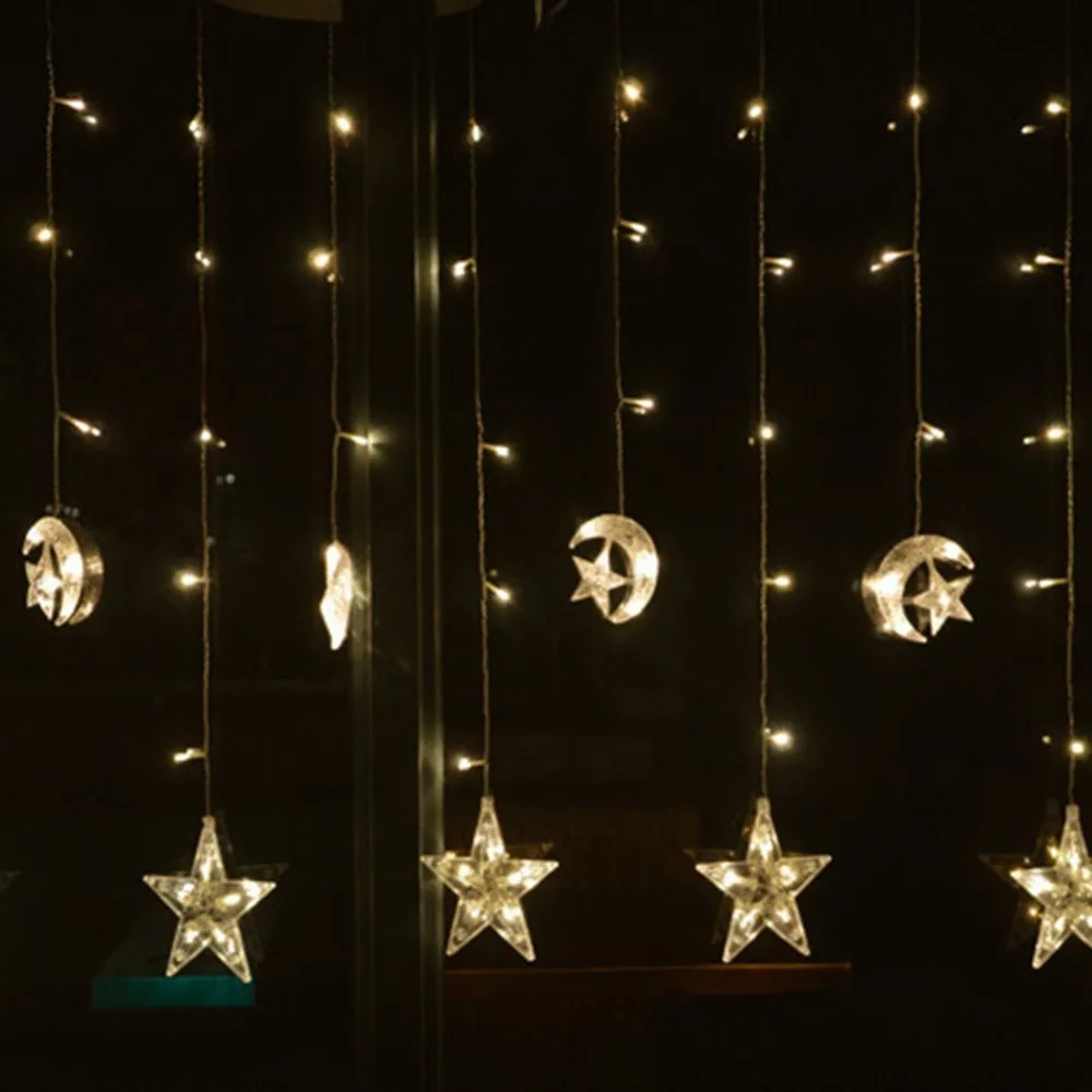 Cortina de Fadas Natal do Feriado para a Festa de Casamento em Casa Estrelas Colorido Cortina Icicle String Decoração Ramadan Led Lua 8 Led estrelas lua colorido cortina icicle cortina