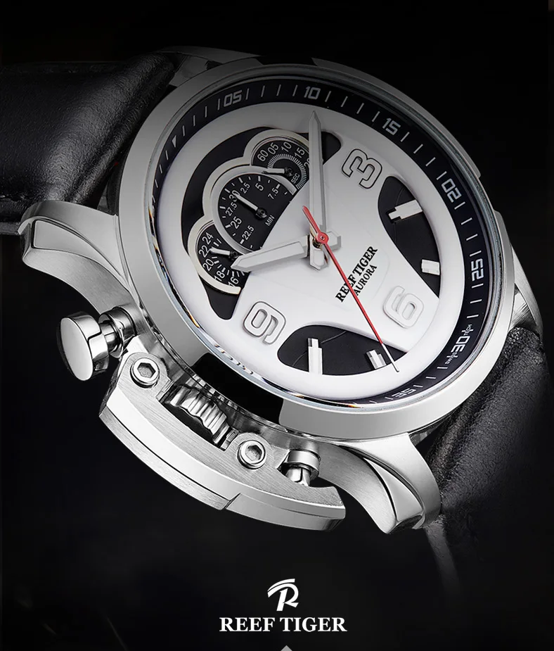 Reef Tiger/RT мужские модные спортивные часы с Циферблатом из натуральной кожи хронограф с ремешком секундомер часы RGA2105