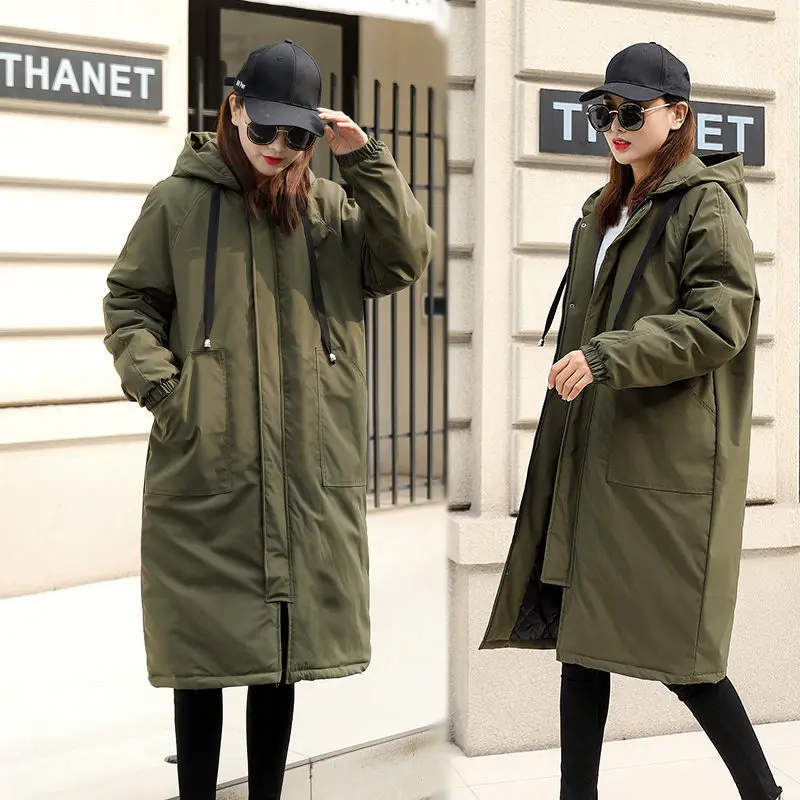 Новая мода, длинный Тренч, пальто для женщин, весна-осень, пальто свободного покроя размера плюс, на молнии, зимняя ветровка, женская верхняя одежда X18 - Цвет: armygreen  Thicken