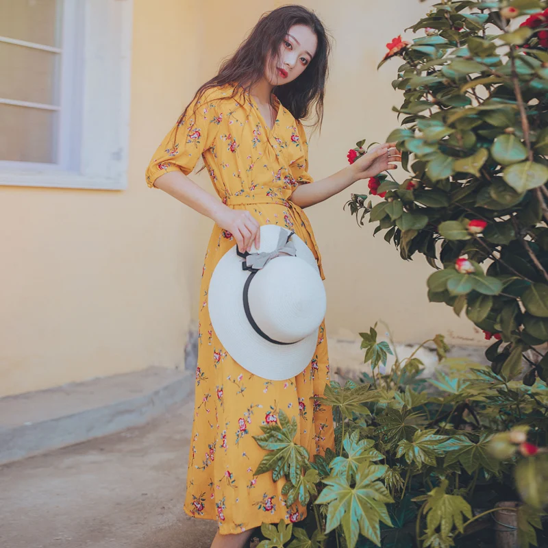 

2019 Women France V-Neck French Mid-Calf Print Chiffon Dress Flower Empire Waist Half Sleeve Holiday Vintage Female Dresses