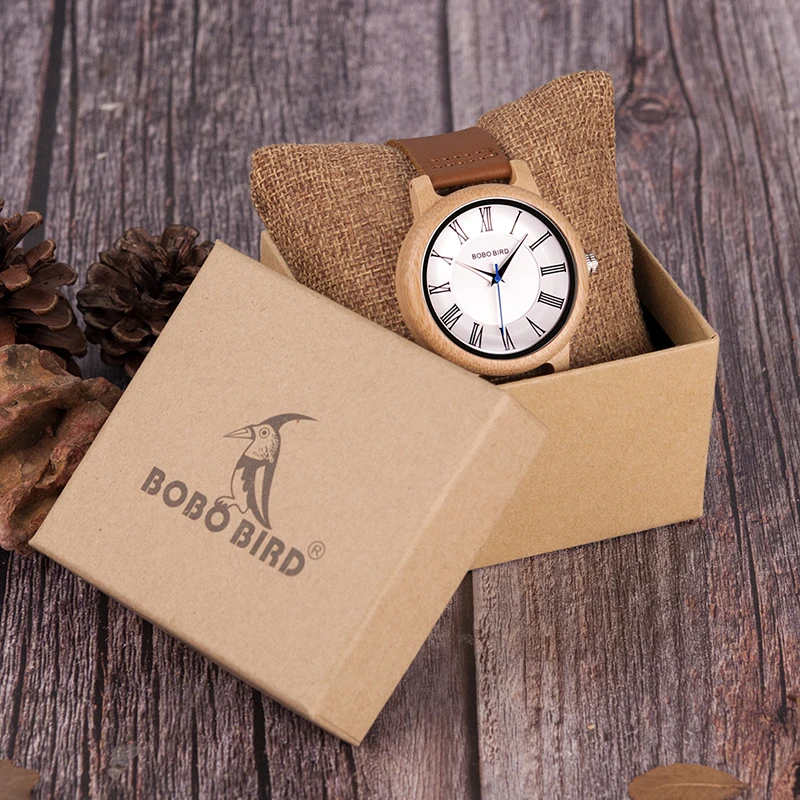 BOBO BIRD Men Watch Wood Case Quartz Movement Timepiece Simple Style Roman Numbers Dial J-Q15
