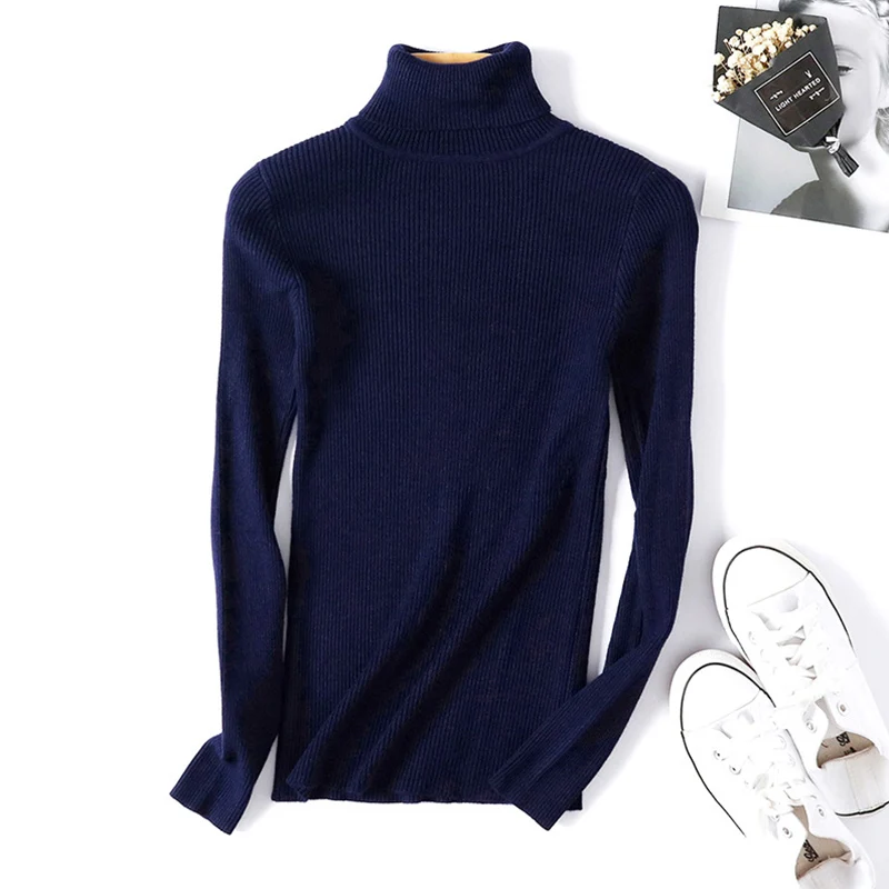 Теплый зимний женский свитер, пуловер с высоким воротом, вязаные свитера для дам, длинный рукав, высокая эластичность, мягкий, осенний, меньше is more - Цвет: Blue
