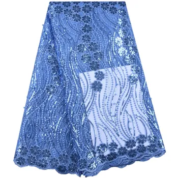 

Crystal blue African Lace Fabric 2019 African French Tulle Lace Fabric With Sequins High Quality Nigerian Lace For Dresses S1633