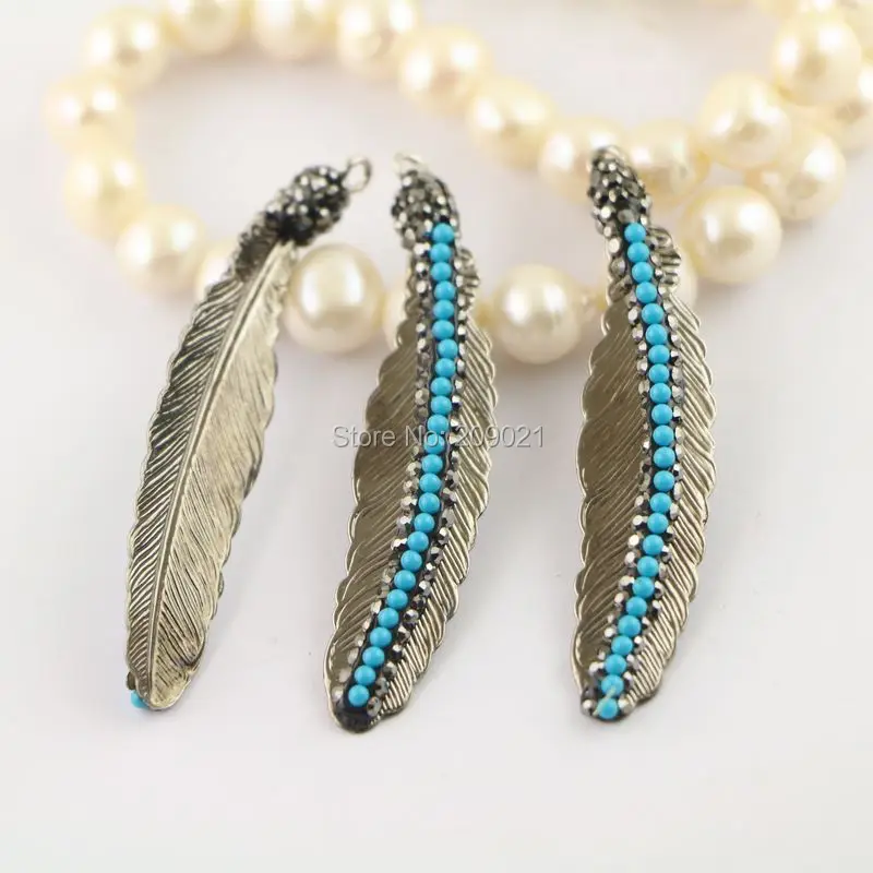 

8pcs Blue Stone leaves Pendant, Pave Rhinestone Charms Pendants , Jewelry Finding For Necklace