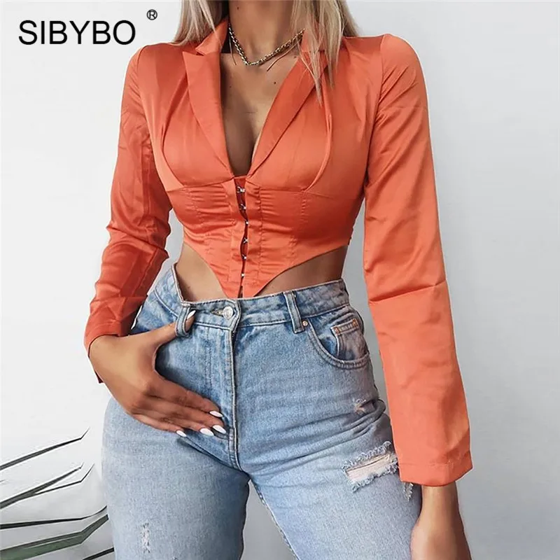 Sibybo, глубокий v-образный вырез, однобортный сексуальный женский топ, модный длинный рукав, тонкая Осенняя футболка, Женская белая уличная одежда, укороченный Топ для женщин - Цвет: As Shown