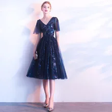 Простые короткие платья для выпускного вечера с v-образным вырезом, блестящие кружевные вечерние платья, Vestido De Baile Curto, темно-синие платья для выпускного вечера длиной до колена