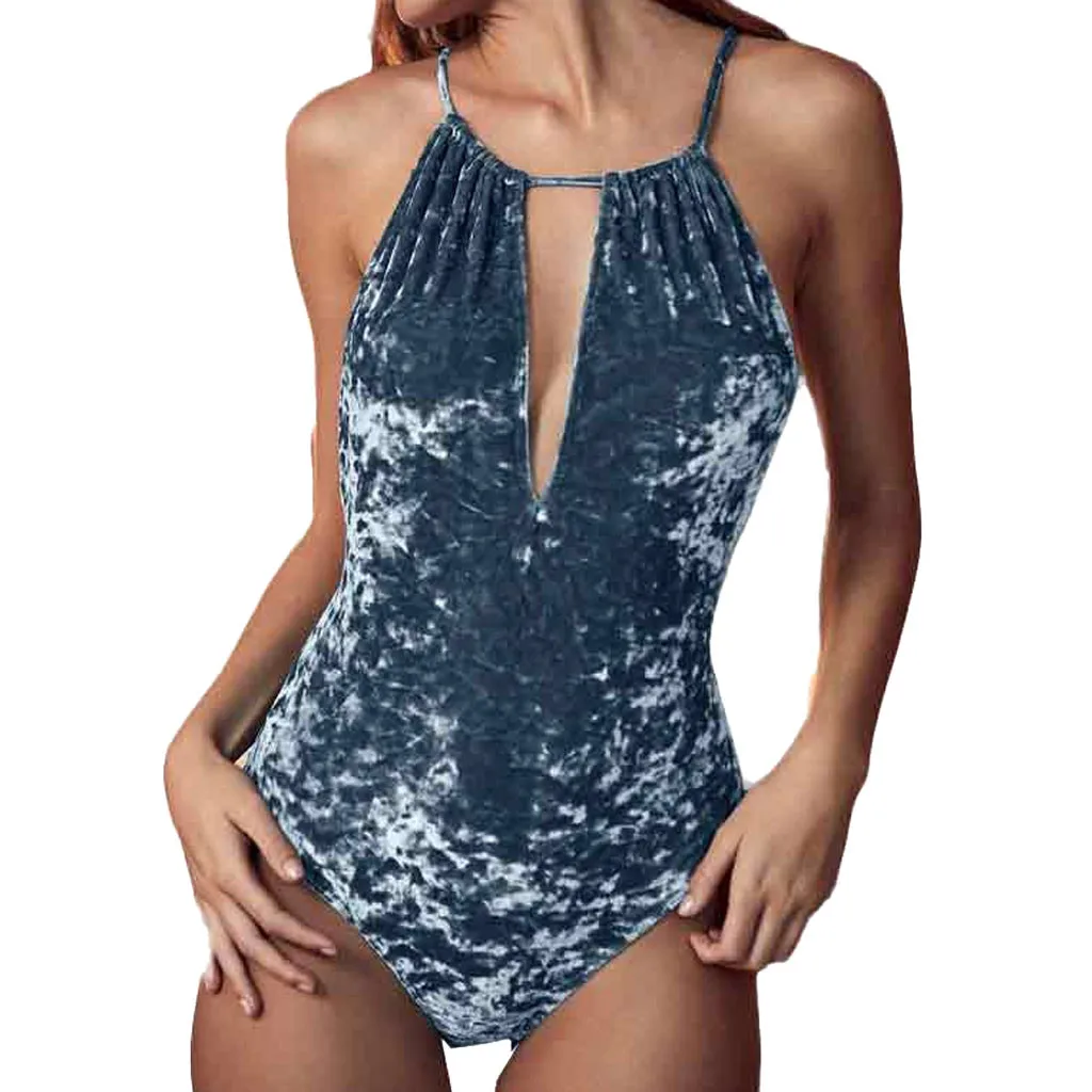 

2019 Bikini Fashion Womens One Piece Swimwear Sexy Velvet Camis Solid Jumpsuit Backless Playsuit Bodysuit Swimsuit Beachwear *