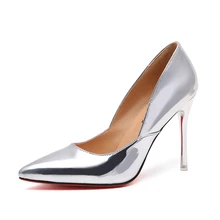2017 Women spring ultra High Heels Shoes Elegant Thin High Heels Pointed Toe Patent leather Pumps woman Party Gold Silver Color