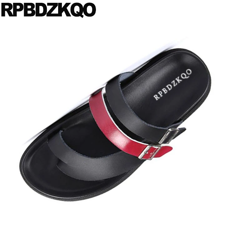 

flat fashion open toe breathable strap loop slippers casual yellow men sandals leather summer beach designer shoes red slides