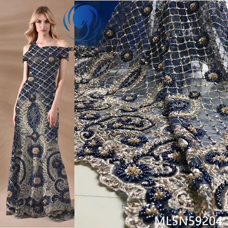 

Beautifical Laces fabrics nigerian green handcrafted beaded net lace fabric with sequins for wedding High quality 5yards ML5N592
