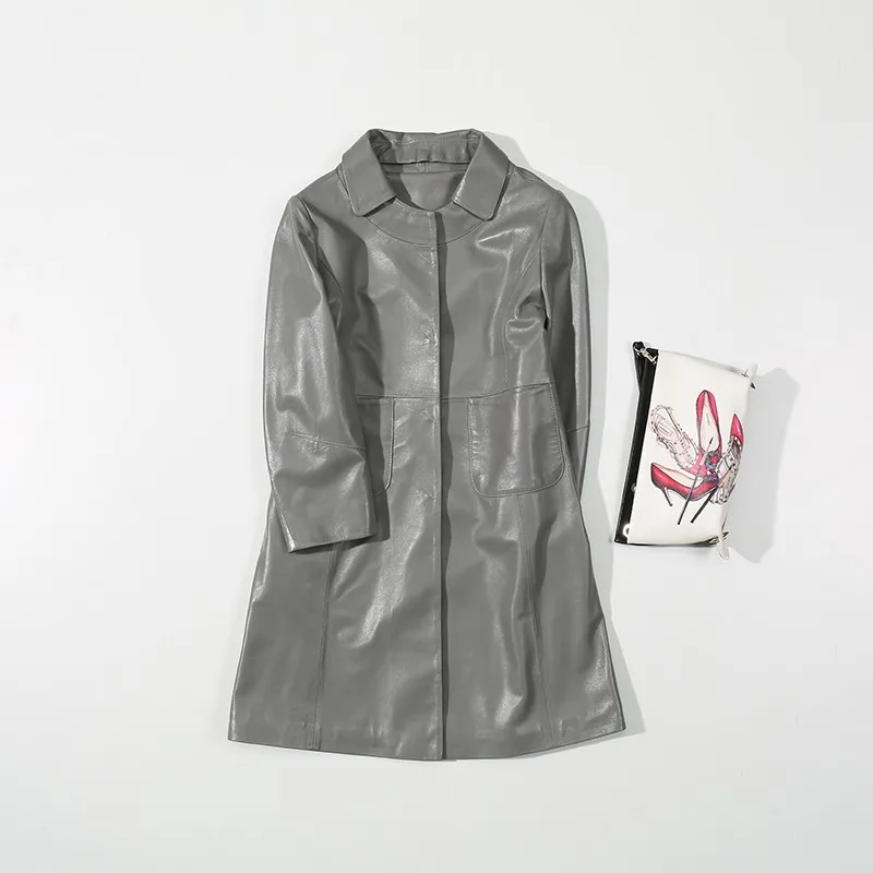 Новое поступление, Женское пальто, натуральная кожа, ветровка, черный, красный цвет, с отворотом, модный дизайн, овчина, женский длинный плащ, осень
