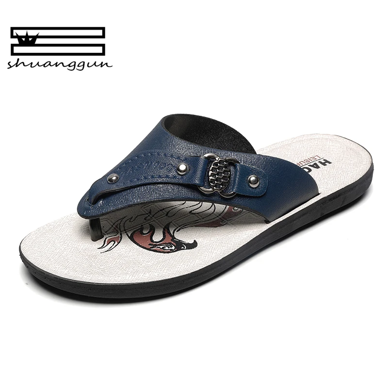 

SHUANGGUN 2018 Leather Men Slippers Flip Flops With Soft Sole Trendy Breathable Men Summer Shoes Fashion Beach Sandals Shoes Men