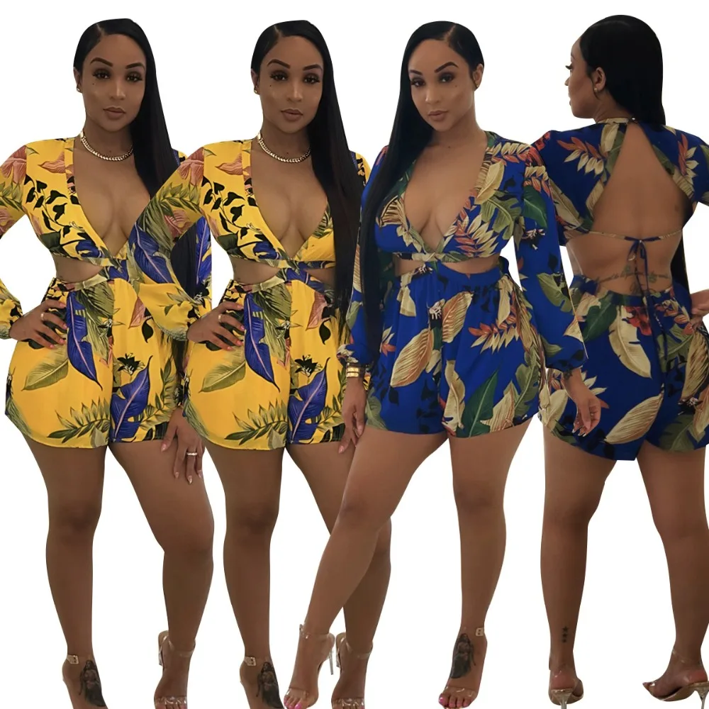 Print Lace Up Backless Playsuit Sexy V-neck Long Sleeve Bodysuit Rompers Jumpsuit Club Outfits Elegant Party Overalls LALS120
