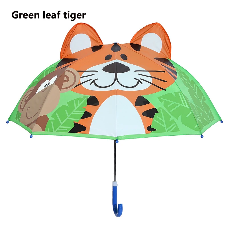 Green Leaf Tiger Long Handle Rain Umbrella for Kids 3D Animals Print