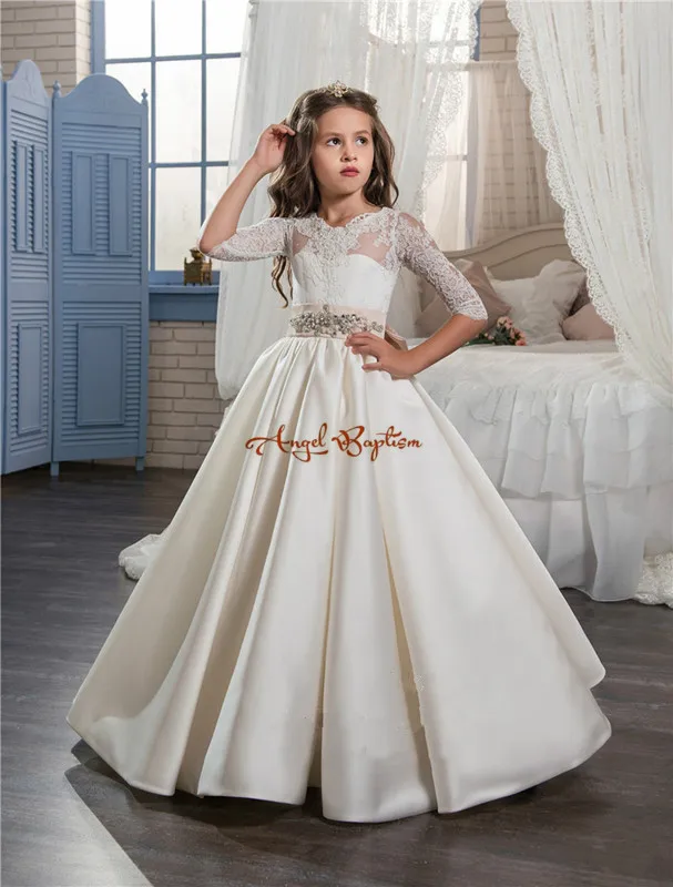 

New Princess ball gown flower girls dresses sheer Crew Neck lace draped satin bows holy communion dresses for toddler girls