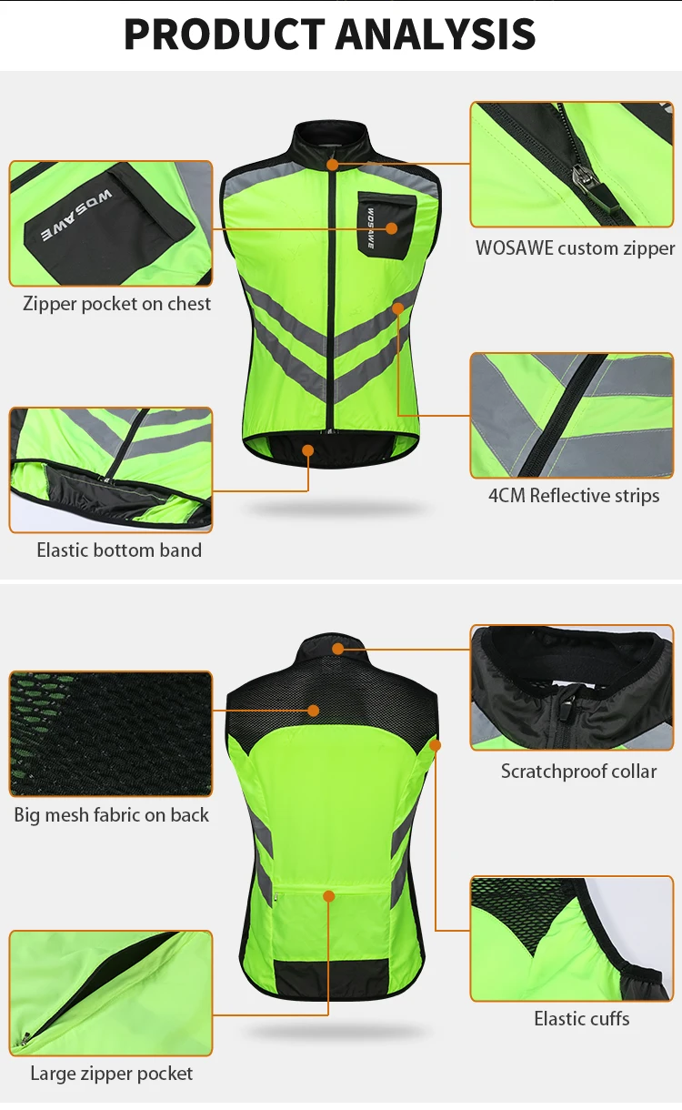 WOSAWE High visibility Jacket Road Cycling Night Riding Reflective Vests Motorcycle Running Safety Clothing