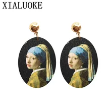 

2018 Fashion women stud earrings wood Renaissance paintings oval wooden jewelry earring Oil painting portraits stud earrings