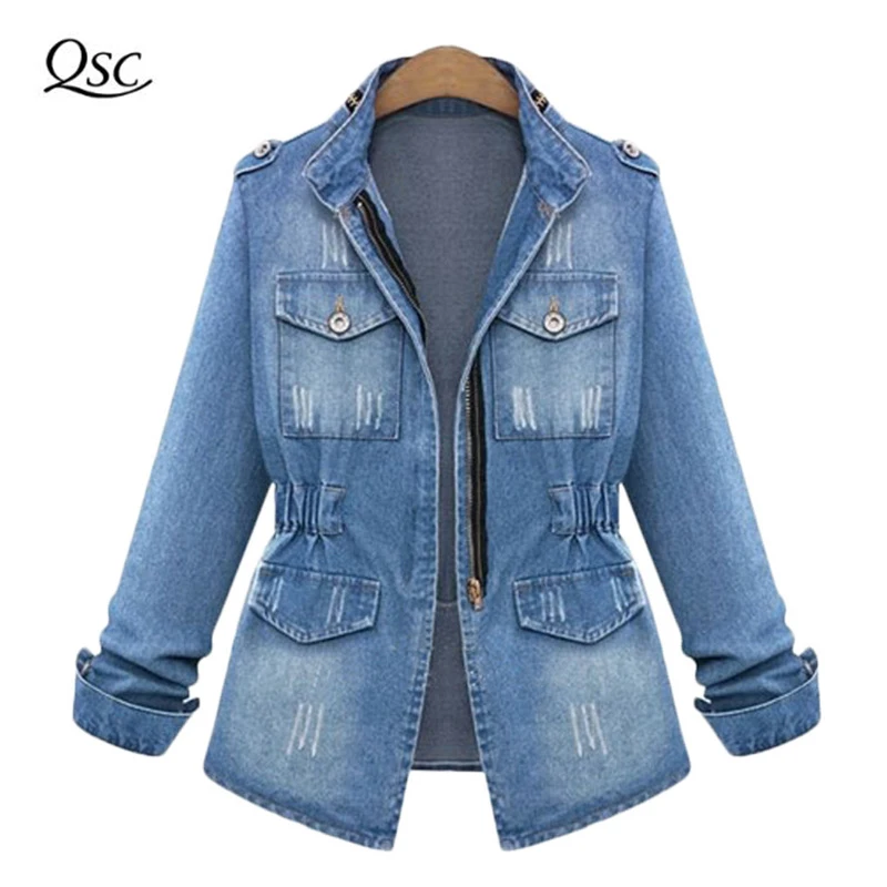 QSC Short Denim Jakcets Cropped Jean Jacket Light Blue Casual Slim