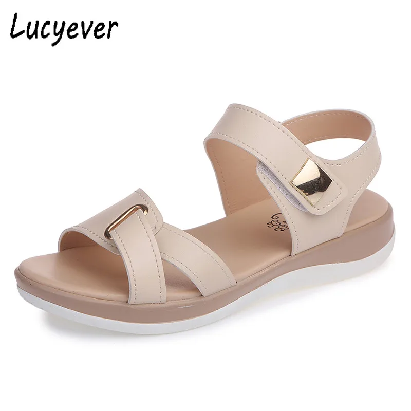 

Lucyever 2018 Summer PU Leather Women's Open Toe Platform Sandals Female Non-slip Flat Platform Casual Shoes Woman Flip Flops
