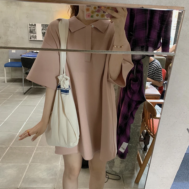 

summer dress 2019 preppy style solid color short sleeve turn down collar streetwear mini dresses womens (R77750)