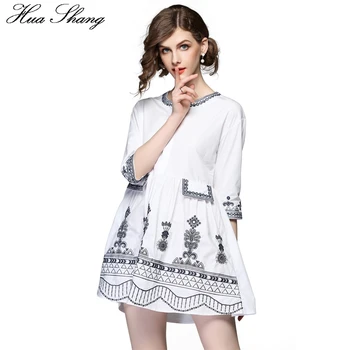 

Hua Shang White Long Blouse Cotton Women Summer O Neck Half Sleeve Embroidery Floral Shirt Slim A Line Loose Ladies Blouse Tops