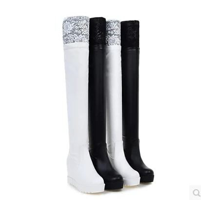 Корейская версия сапоги до колена увеличивающие рост сапоги-трубы на высоком каблуке со шнуровкой осенне-зимние большой размер