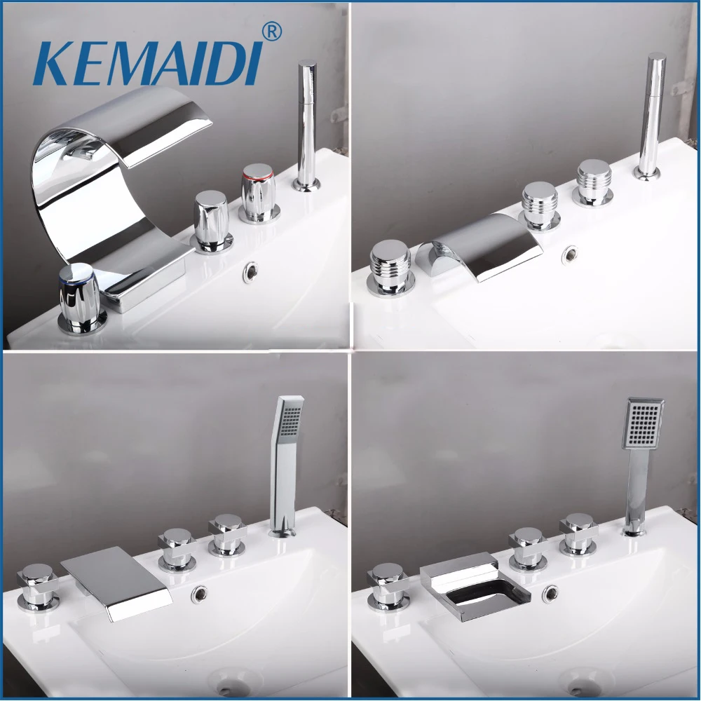 KEMAIDI Deck Mount Widespread 5pcs Bathtub Faucet Waterfall 3 Handles Mixer Tap With Hand Spray Polished Chrome Finish | Обустройство