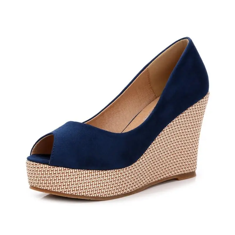 Женская обувь на высоком каблуке с открытым носком; обувь на танкетке из флока и замши - Цвет: Синий