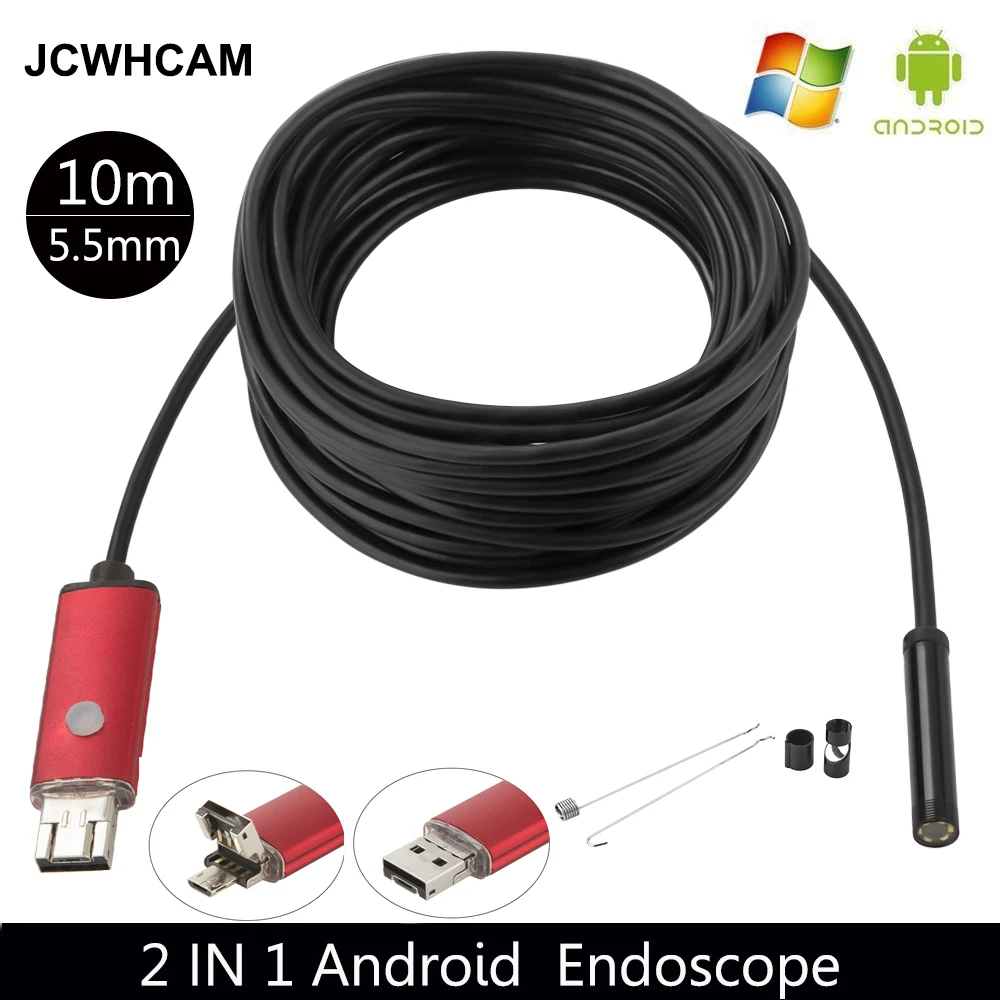 JCWHCAM 2 м 5 м USB эндоскоп Android камера гибкая змея трубка осмотр смартфон OTG бороскоп камера 6LED и аксессуары