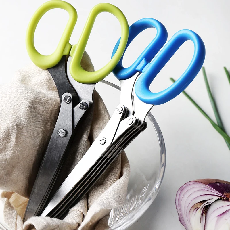 Multi-functional 5 Layer Herb Scissors Stainless Steel Scallion Scissors Kitchen Shears Knives Cutter Mincer Cooking Utensils (10)